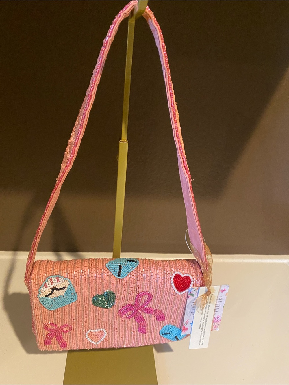 Viral Pink Bow Beaded Bag with Heart & Bow